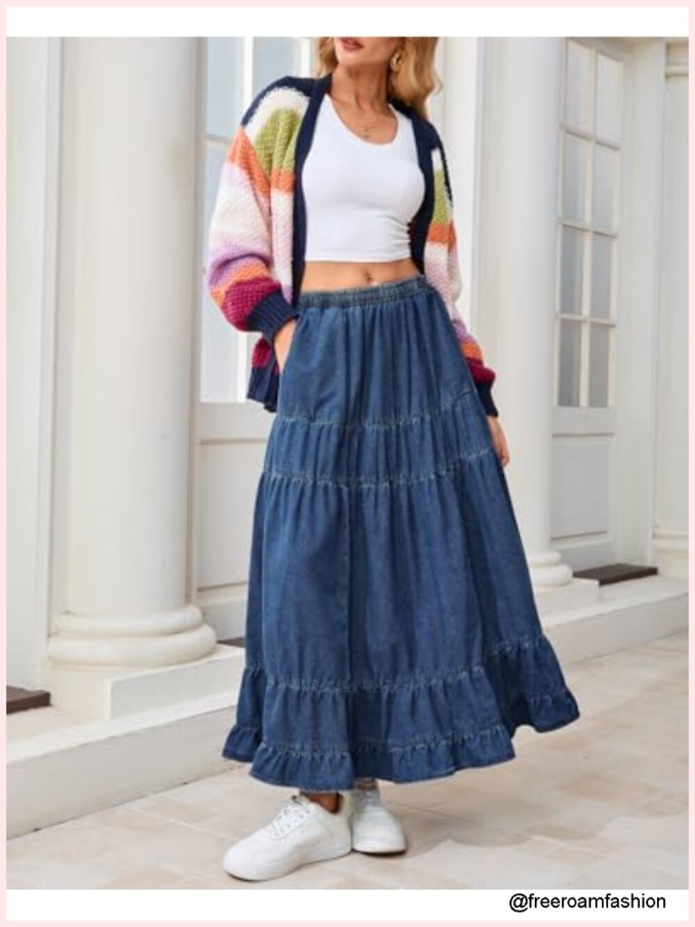 Women's Swing Chambray Maxi Skirt Pleated Tiered High Waist Denim Skirt - Picture 2 of 6